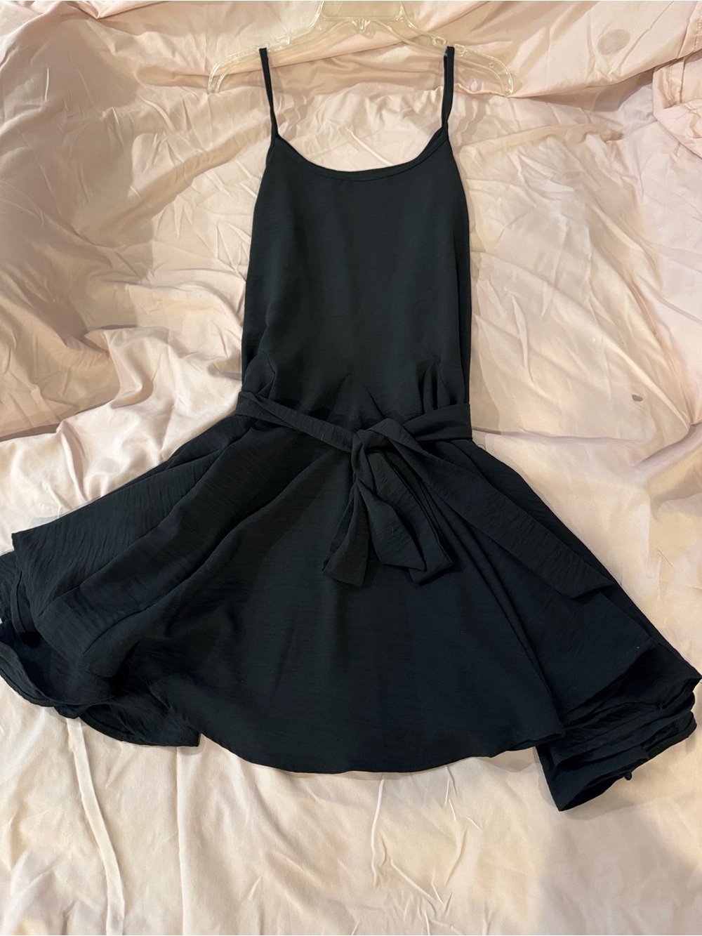 Black Spaghetti-Strap Tie-Waist Mini Dress